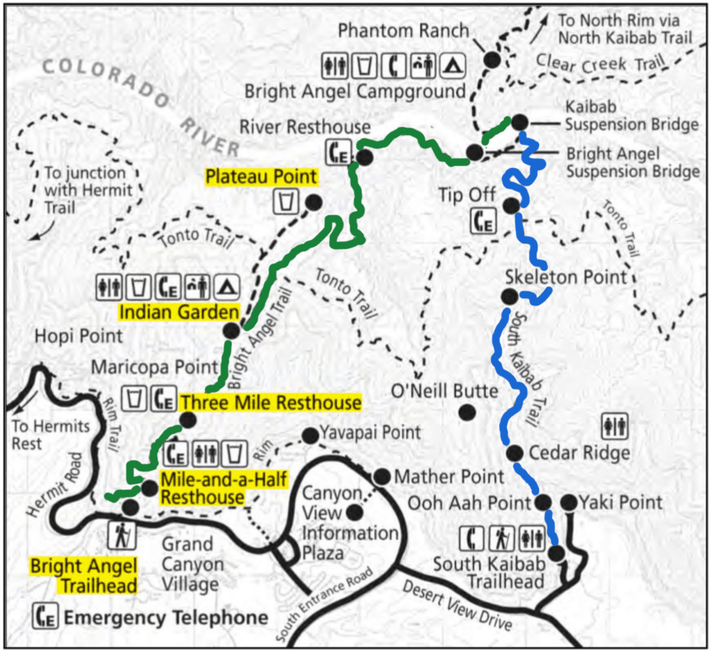 Bright Angel Trail and South Kaibab Trail Map