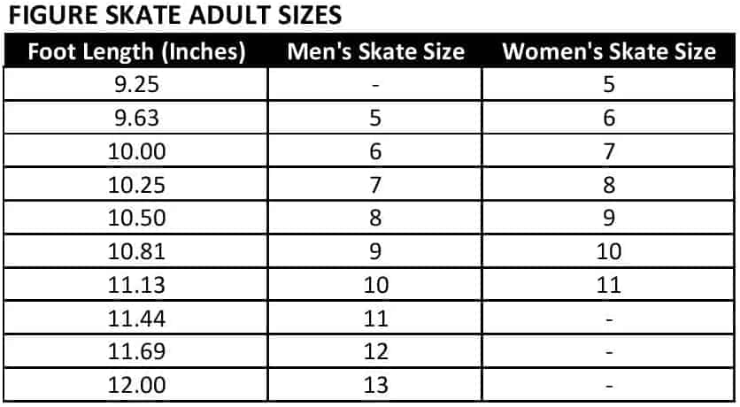 Sample Ice Skate Size Chart